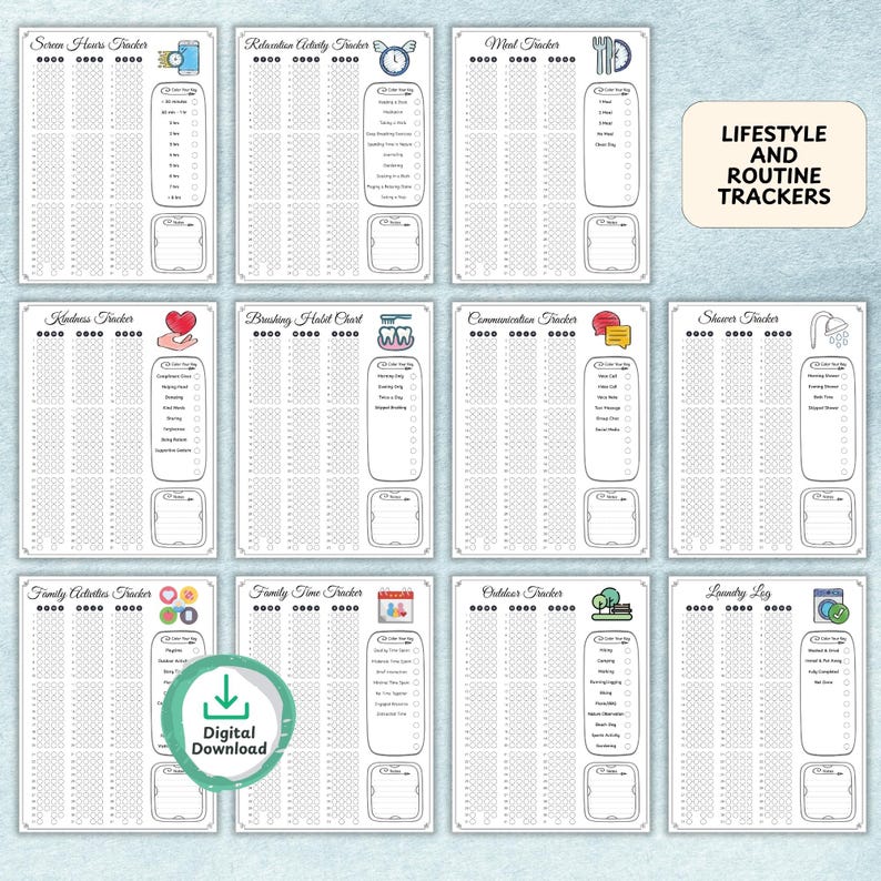 Organized annual planner with premade pixel tracking designs for habits and fitness.