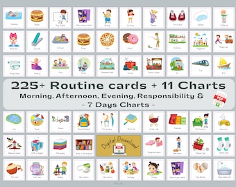 May include: A set of 225+ colorful routine cards for children, featuring illustrations of various activities like swimming, playing baseball, eating a burger, and more. The cards are organized into 11 charts, including morning, afternoon, evening, responsibility, and 7-day charts. The image also includes the text "225+ Routine cards + 11 Charts" and "Morning, Afternoon, Evening, Responsibility & - 7 Days Charts - ".