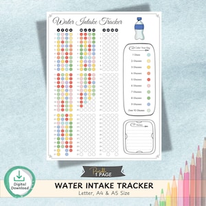 Op de afbeelding: Een afdrukbare waterinname-tracker met een kleurrijk ontwerp. De tracker bevat een sleutel voor het coderen van de waterinname, een ruimte voor notities en een grafiek om de dagelijkse waterconsumptie gedurende een maand bij te houden. De tekst "Water Intake Tracker" staat bovenaan.