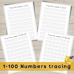 May include: A set of 34 printable worksheets for tracing numbers 1 through 100. Each worksheet features a single number repeated on multiple lines for practice.