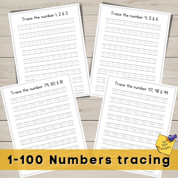 1-100 Number Tracing Worksheets, Pre Math Printable Toddler Numbers Handwriting Homeschool Preschool Worksheet