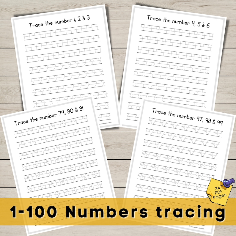 1-100 Number Tracing Worksheets, Pre Math Printable Toddler Numbers Handwriting Homeschool Preschool Worksheet