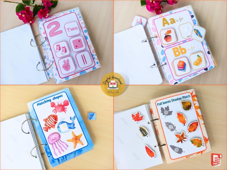 May include: Four different printable activity books with colorful pages and images. The books include activities for matching shapes, learning the alphabet, counting, and matching fall leaves. The books are designed for children and are perfect for educational purposes.
