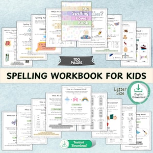 May include: A spelling workbook for kids with 100 pages. The cover features the title "Spelling Workbook for Kids" in a large font. The workbook includes pages on vowels, blends, and compound words. It is available as a digital download.