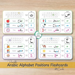 Tarjetas didácticas imprimibles con posición de letras del alfabeto árabe para niños - Aprendizaje islámico, Murakkabaat Alif Baa Taa, PDF de aprendizaje básico del Corán