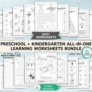 825+ Page Preschool Learning Worksheets Bundle for Kindergarten PRINTABLE Toddler Montessori Activities Alphabet Numbers Math Colors Shapes