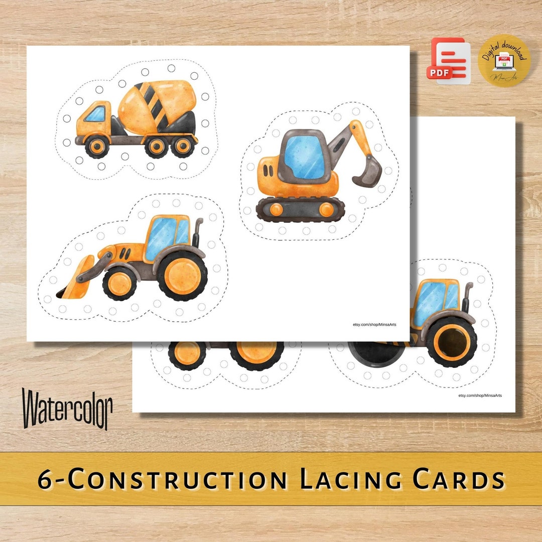 Watercolor Construction Lacing Cards Printable Motor Skill - Etsy