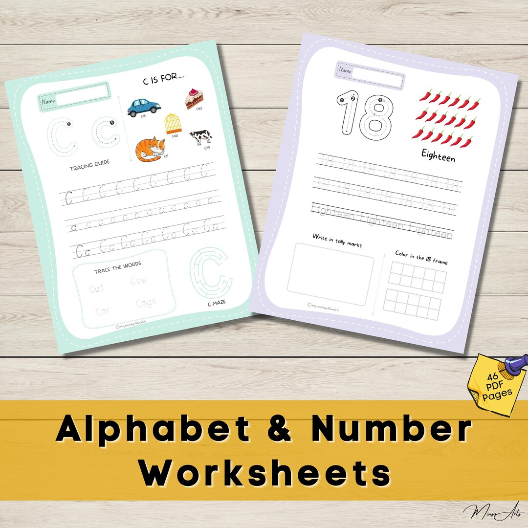 Alphabet & Number Worksheets for Toddler, Printable 46 PDF Pages
