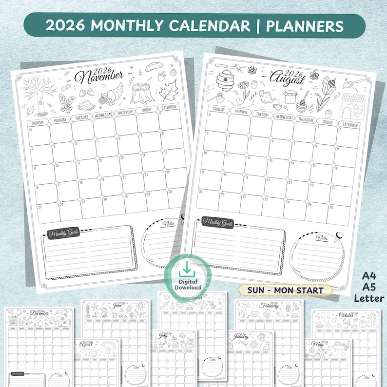 2026 Monthly Calendar Printable | Minimalist Planner Journal Pages ...