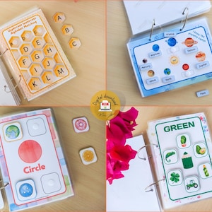 May include: A set of colorful educational binder pages with various activities for children. The pages include an alphabet matching game, a solar system learning page, a shape recognition page, and a color recognition page. The pages are designed to be used with a binder.