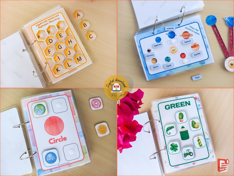 May include: A set of colorful educational binder pages with various activities for children. The pages include an alphabet matching game, a solar system learning page, a shape recognition page, and a color recognition page. The pages are designed to be used with a binder.