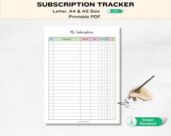 Printable Subscription Tracker, Rainbow Pastel, Letter A4 A5 (PDF)