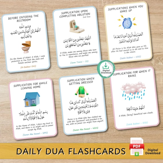 PRINTABLE Islamic Daily Dua Flashcards for Kids, Supplication Islamic learning Prophets Prayers for Children, Ramadan Dua - PDF