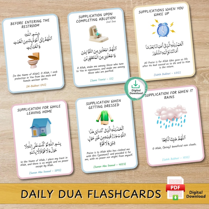 Islamic Daily Dua Flashcards for Kids, Printable Supplication Ramadan Dua Prophets Prayers for Children