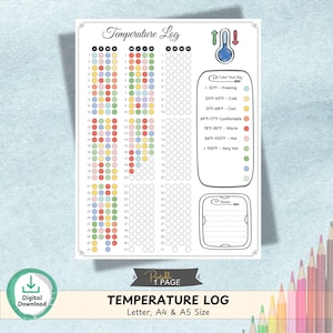 May include: A printable temperature log with a color-coded key for temperature ranges. The log includes spaces for daily entries, a notes section, and the text "Temperature Log." Available in Letter, A4 & A5 sizes.