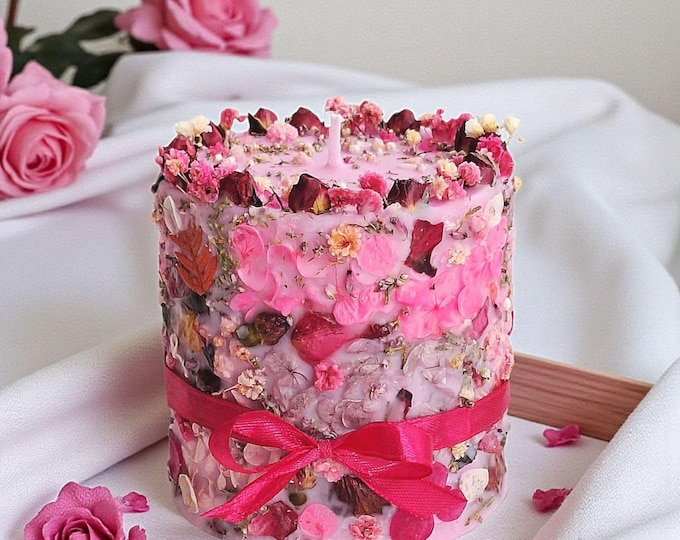 Pink Botanical Soy Candle with Dried Flowers, Natural Rose Scented Pillar Candle, Unique Organic Gift for Nature Lovers and Home Décor