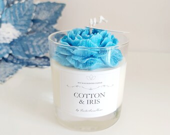 Flower candle Cotton Iris Peony, Floral scented soy candle wax flower on top, Birthday, Mothers day, Valentines day, gift for Her