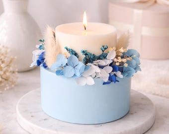 Blue Dried Flower Soy Candle, Custom Scent Pillar Candle, Botanical Designer Candle, Elegant Home Decor, Luxury Housewarming Gift, Gift Idea