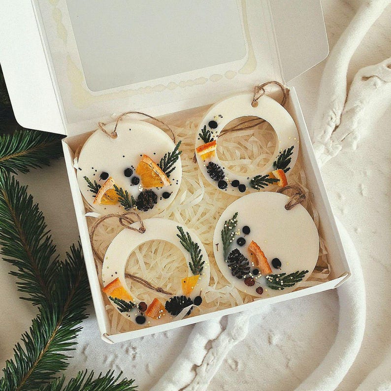 Handmade Christmas wax sachet ornaments gift box with festive winter fragrance and eco friendly holiday decor accents.
