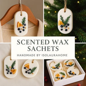 Wax sachet Christmas gift box with assorted winter fragrances, handmade eco holiday decorations for home.