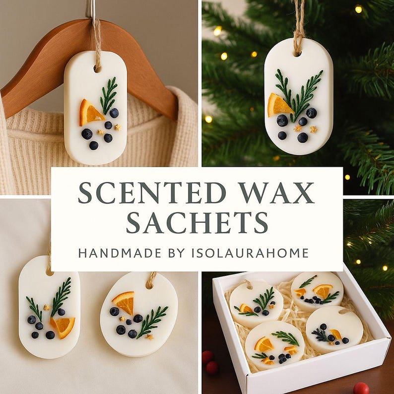 Wax sachet Christmas gift box with assorted winter fragrances, handmade eco holiday decorations for home.