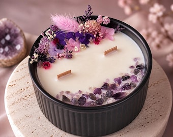Candela personalizzata con fiori secchi e cristalli di ametista, candela profumata personalizzata, regalo di anniversario per lei, regalo di compleanno, regalo per la mamma