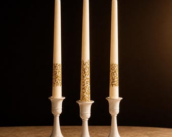 Hand Painted Gold Taper Candles Set of 3/6, White Dinner Candles, Luxury Decorative Table Candles, Elegant Home Decor, Housewarming Gift