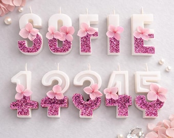 Candele di compleanno personalizzate, lettere e numeri per cake topper – Nome ed età personalizzati, decorazioni floreali glitterate uniche per festeggiamenti