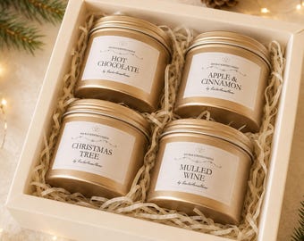 Christmas Scented Candle Gift Box, Handmade Vegan Soy Wax in a gold tins, Winter Holiday Scents, Festive Candles Set, Ready to Gift