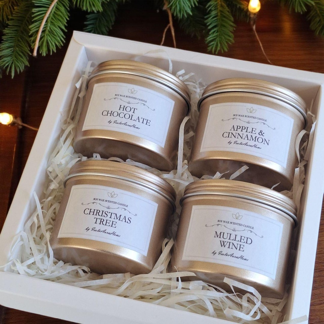 Christmas Scented Candle Gift Box, Handmade Vegan Soy Wax in a Gold ...