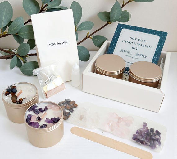 Crystal Candle Making DIY Craft Kit – Personalized Scented Soy Wax Candles with Natural Gemstones: Amethyst, Quartz, Tiger’s Eye