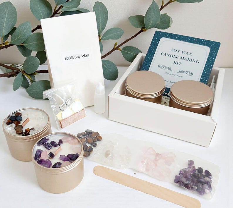 Gemstone candle gift set with amethyst and quartz
DIY Candle Making Kit with Crystals – soy wax kit to make your own gemstone candles, perfect birthday or Christmas craft gift.