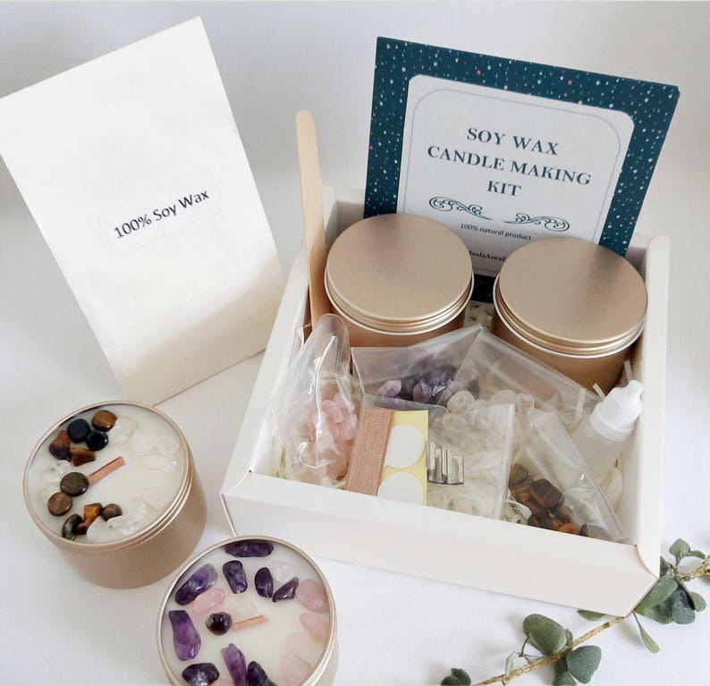 Crystal candle making DIY craft kit with soy wax and gemstones