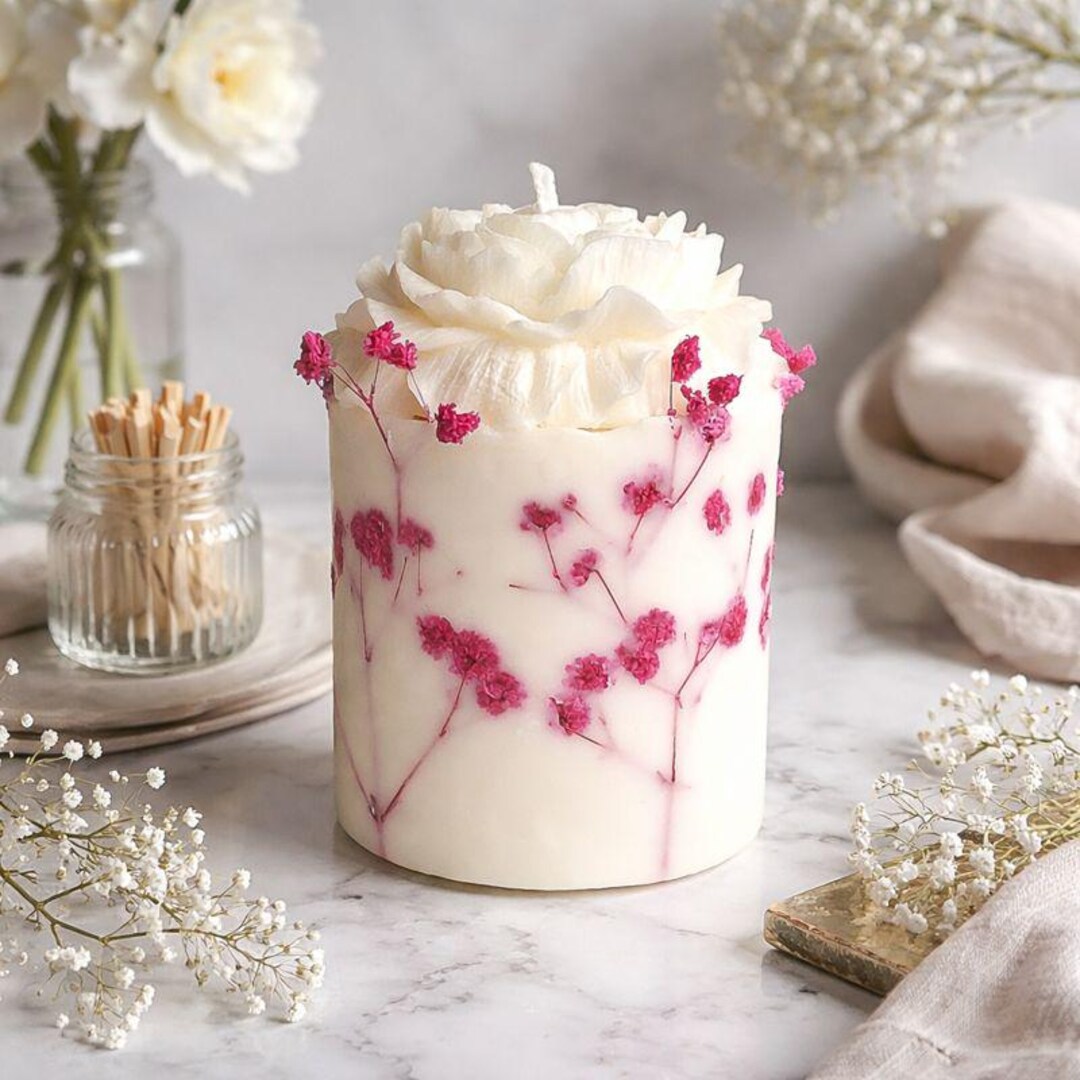 Peony Flower Soy Candle With Dried Flowers, Handmade Botanical Pillar ...