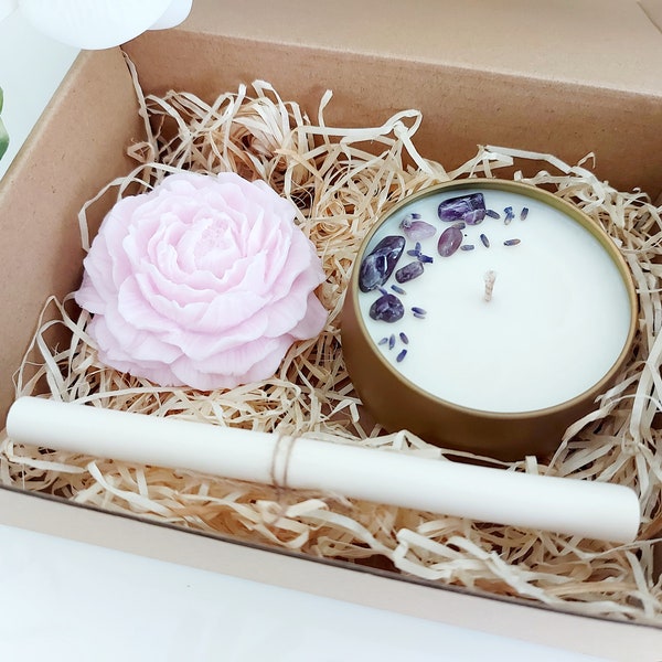 Personalised gift box Crystal candle and soap, Soy wax scented candle,  Lavender soap, Christmas box, Valentines day, Anniversary, Gift