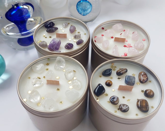 Personalized candles with healing crystals Amethyst Quartz Tiger Eye, Custom candles crystal infused, BIO Soy wax, Self care Intention gift