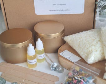 DIY Soy Candle Making Kit – Vegan Wax, 2 Gold Tins, Cotton Wicks, Dried Flowers, Candle Craft Gift Set