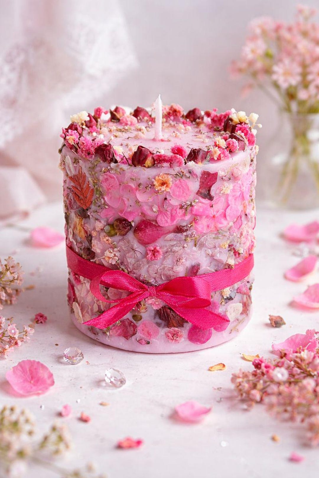 Handmade Flower Soy Candle, Pink Botanical Candle With Dried Flowers ...