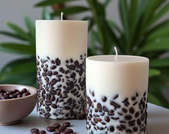 Candela di soia a forma di colonna di chicchi di caffè – Candela rustica fatta a mano con veri chicchi di caffè – Profumo personalizzato di caffè, vaniglia o cioccolato, regalo per gli amanti del caffè