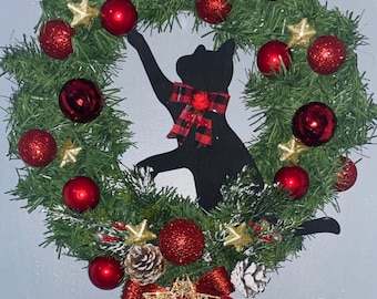 Help Cats when purchasing this Cute Traditional Cat playing with ornaments Christmas Wreath 18in