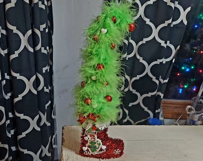 Rare and Adorable 14 Inch Grinch Themed Furry Bent Christmas Tree in a Tinsel Santa Boot Etsy