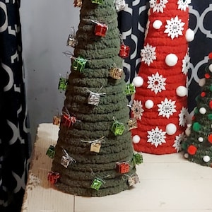 Unique very large Green fluffy yarn tree with retro foil presents