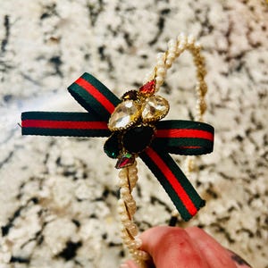 Beautiful unique Repurposed Gucci crystals Web Bow Pearl headband