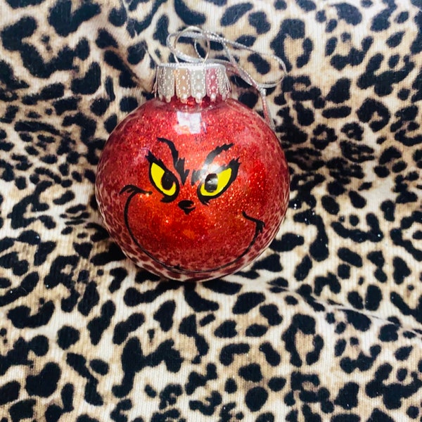 Red Glittery Jolly Grinch Christmas ornament