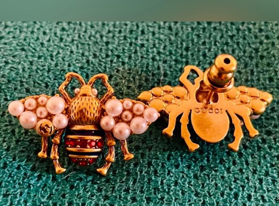 Gorgeous Antiqued Gucci Bamboo Pearl Rhinestone Bee Small