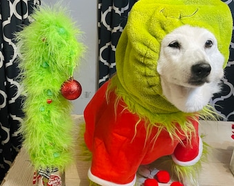 READ ALL Unique 18 inch furry Grinch inspired bent christmas tree table top arrangement in a recycled food can. A must have for a Grinch fan