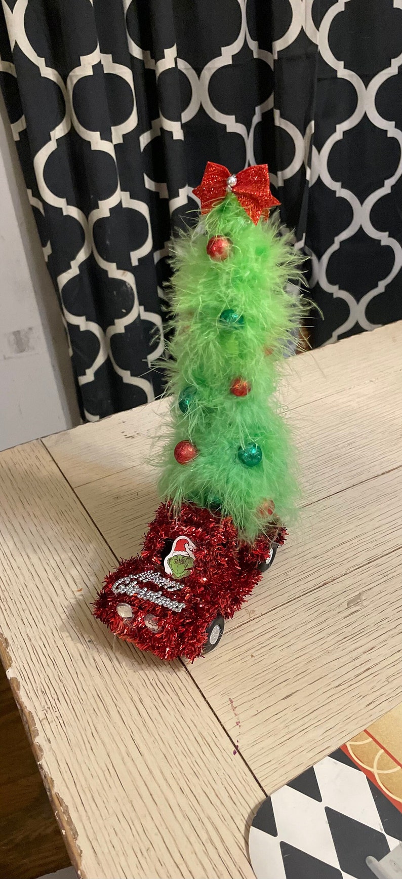 Amazing Little 11 Inch Grinch Inspired Tinsel Truck With a Furry Tree