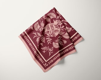 Pomegranate Square Scarf, 100% Silk Head Scarf, Neckerchief Floral Scarf, Silk Hair Wrap