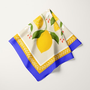 Lemon Square Scarf, 100% Silk Head Scarf, Neckerchief Floral Scarf, Silk Hair Wrap, Silk Scarf