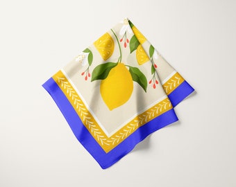 Lemon Square Scarf, 100% Silk Head Scarf, Neckerchief Floral Scarf, Silk Hair Wrap, Silk Scarf